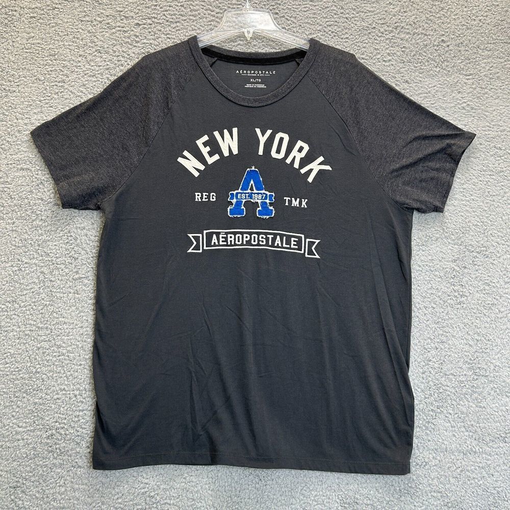 Aeropostale T Shirt Mens XL Gray Logo Spell Out New York Reg Est 1987 TMK Raglan